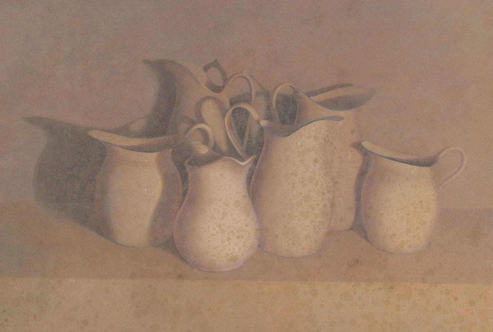 George Ann DeVilbiss Gowan - Still Life: George Ann DeVilbiss Gowan, b. 1948, Contemporary Still Life of Pitchers, Tempura on Masonite, signed (VIRO4441)(WT) Dimensions: 30" x 40", Frame 30 3/4" x 40 3/4" Property from a Litchfield County es