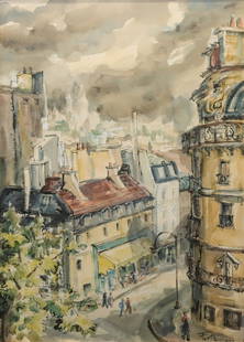 Herta Furth, Austria, Paris, watercolor: Herta Furth, Austria/American, 1900 or 1907- ? Paris Cityscape, watercolor. Artist Bio: Furth studied with Julius Klinger in Vienna and Charles Martin in Paris. Art Nouveau, Secessionism,