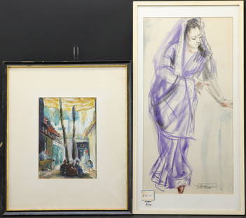 Herta Furth, Fez & Belly Dancer, W/C, pastel: Herta Ferth, Austian, American,2007?-? Orientalism Street Scene Fez and Belly Dancer, watercolor and pastel on paper Artist Bio: Furth studied with Julius Klinger in Vienna and Charles Martin in