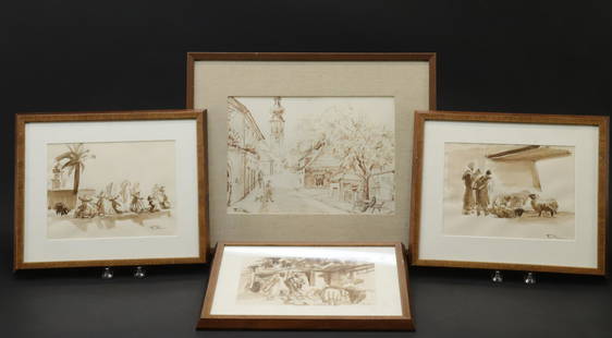 Herta Furth, Moroccan Street Scenes,ink watercolor: Herta Furth, Austrian-American, 3 Moroccan Street Scenes, 1 Eastern European, sepia toned ink and watercolor on paper. Artist Bio: Furth studied with Julius Klinger in Vienna and Charles Martin in Par