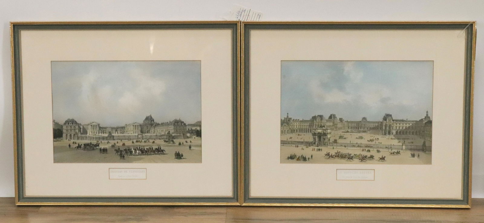 Pair French Colored Prints - Versailles & Louvre (1 of 3)