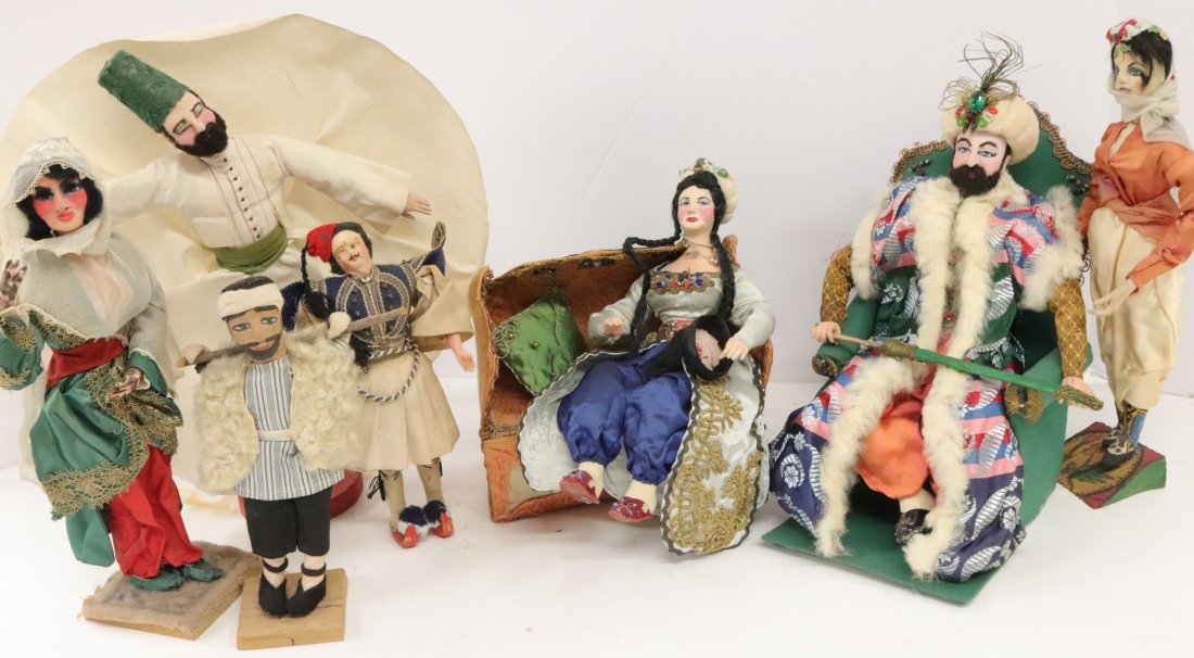 Ottoman Empire Dolls,Suleiman the Magnificent: 20th C. Doll Figures of Ottoman Empire leaders includes Suleiman the Magnificent seated in a throne chair, his wife Roxalan (Hurrem Sultan) seated on a sofa chair, a mevlevi figure and others Dimensio