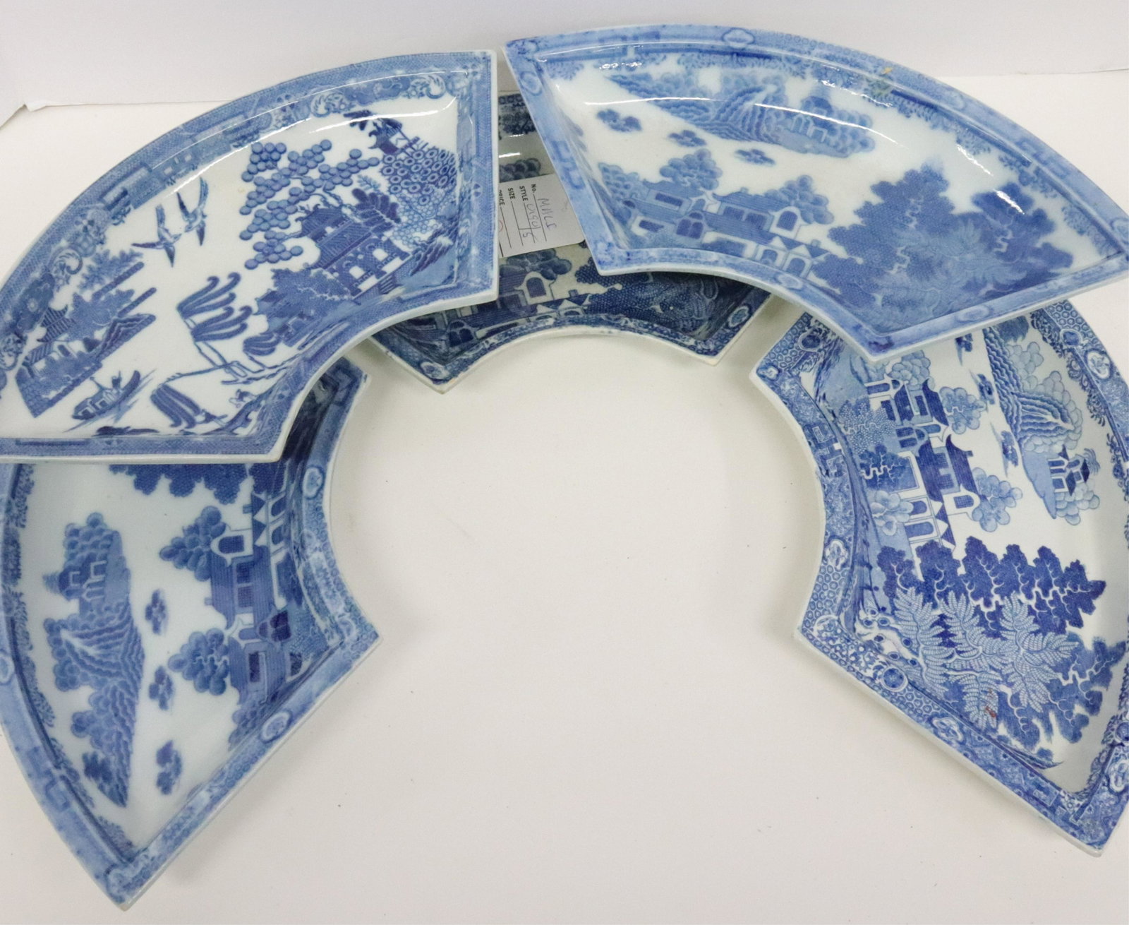 Crescent Shaped Blue & White Porcelain Dishes: Some marked Spode, 19th c. Dimensions: 6 by 12.5 (MALI0192/5)()