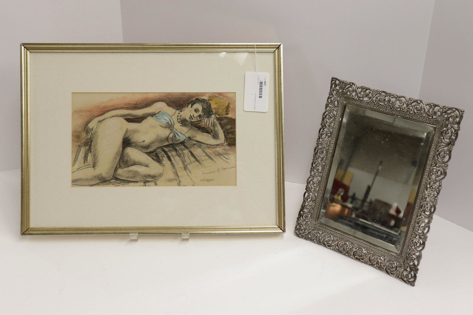 Arnold Blanch - Reclining Nude & Mirror: Pastel and charcoal. Signed. Together with a silverplate framed easel mirror.Dimensions: 6.75 x 11.75 framed 13.75 x 18.75 Mirror 11.5 x 9.5 (CAROL6662/2)(WT)