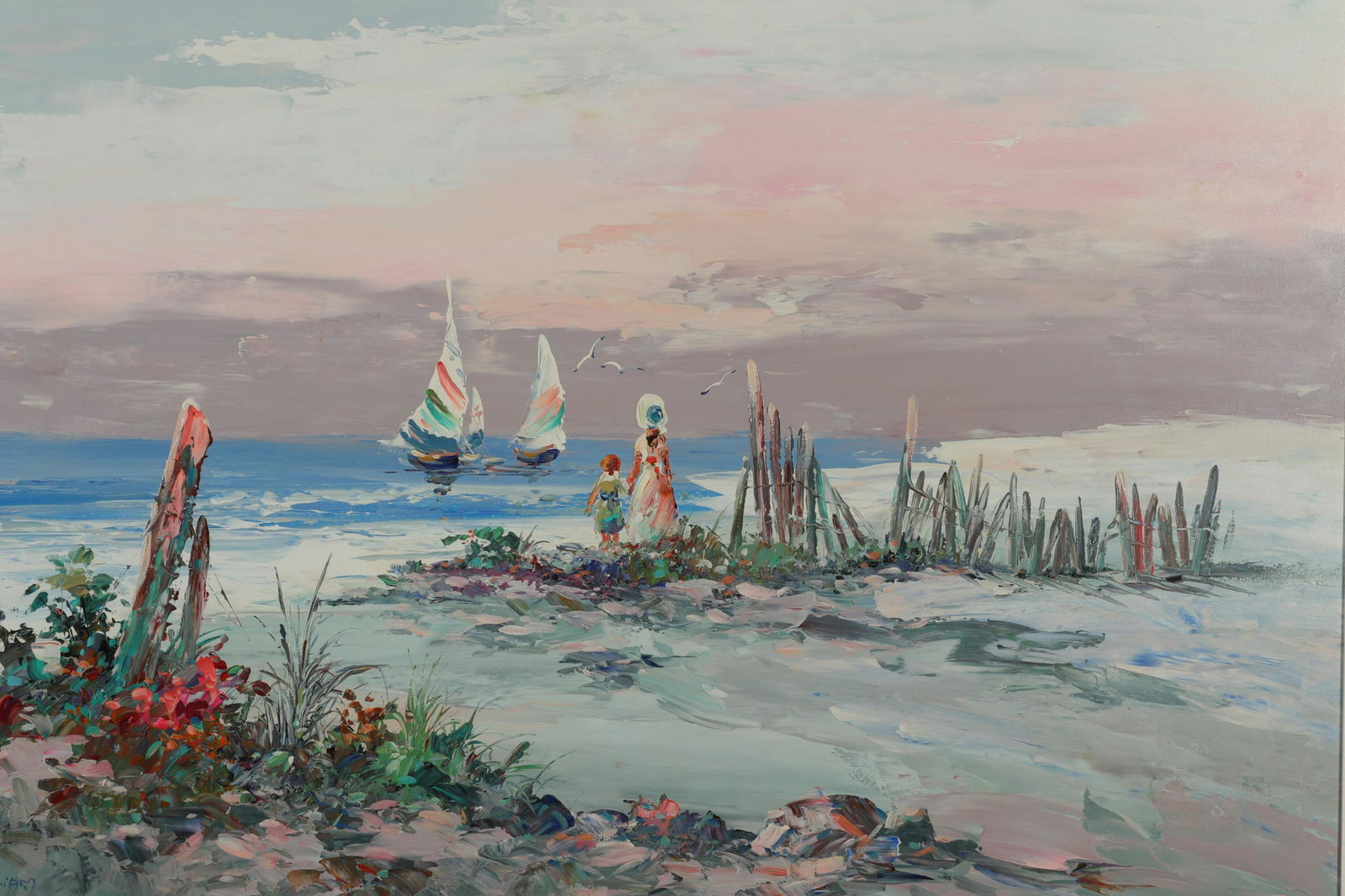 "Beach Scene - Colorful Sailboats & Flowers", O/C (1 of 3)