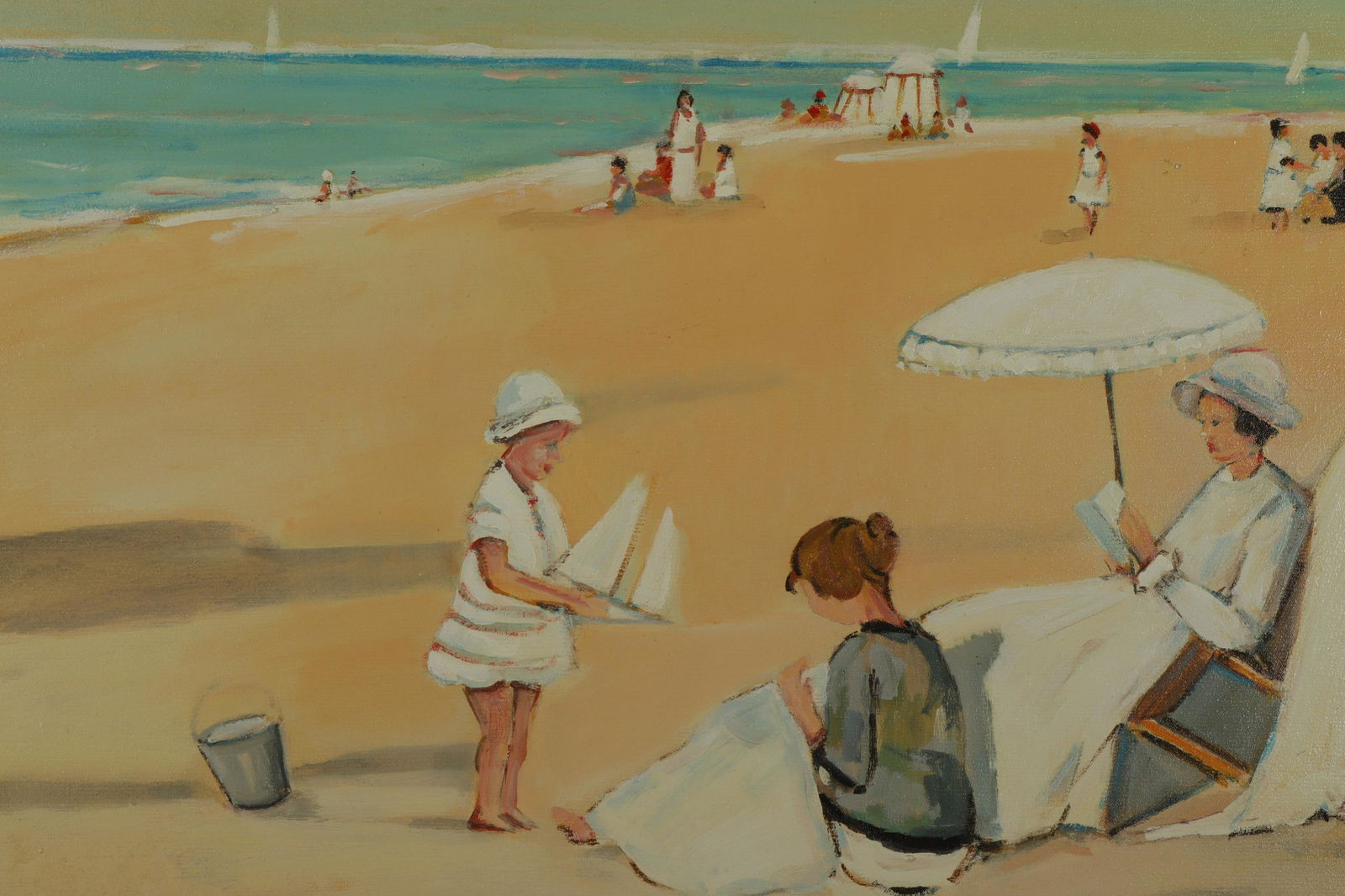 Dimitri Hristoff, b.1926, Families at Beach, O/C (1 of 3)