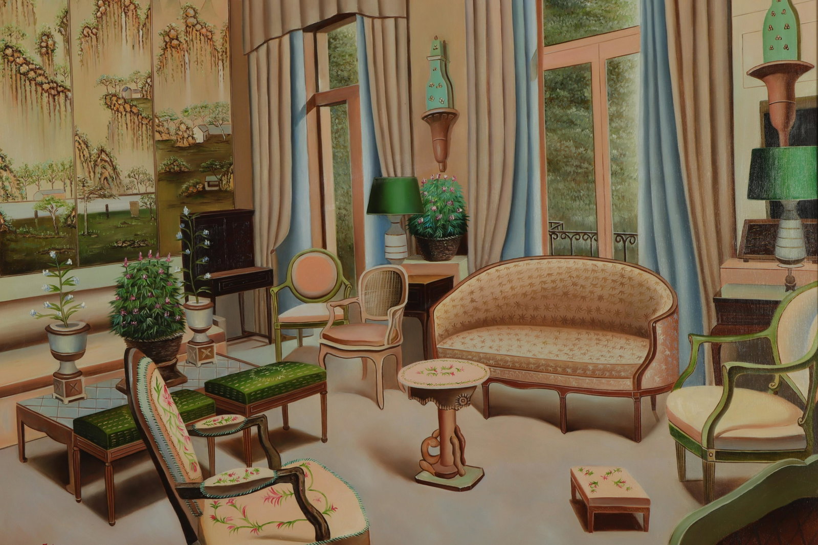J. Love, "Sitting Room Interior, Chinese Screen": J. Love, "Sitting Room Interior with Chinese Screen", Oil on Canvas, signed Property from the estate collection of lifelong gallery owners, Essex County, New Jersey. Dimensions: Frame 36" x 46" (BEL91