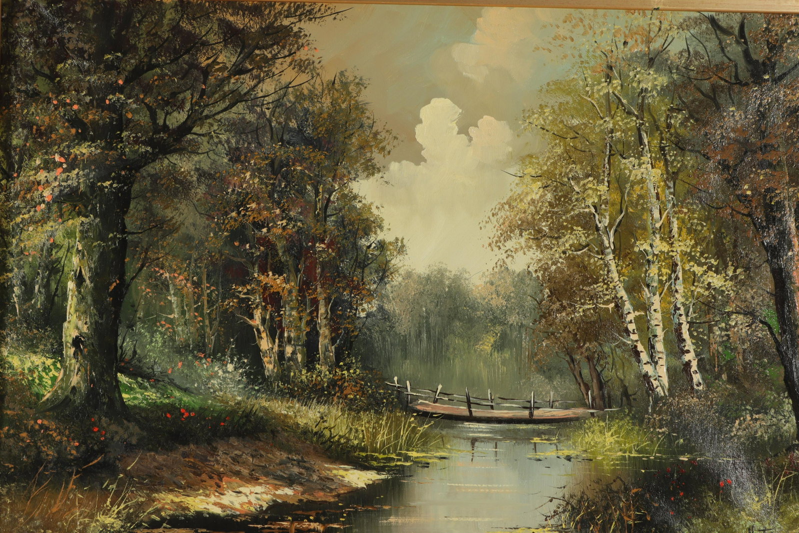 H. Tirolf - Birch Trees & Wood Bridge O/C: H. Tirolf, "Birch Trees & Wood Bridge", Oil on Canvas, signed Property from the estate collection of lifelong gallery owners, Essex County, New Jersey. Dimensions: Frame 26 1/2" x 39" (BEL7190)(WT)