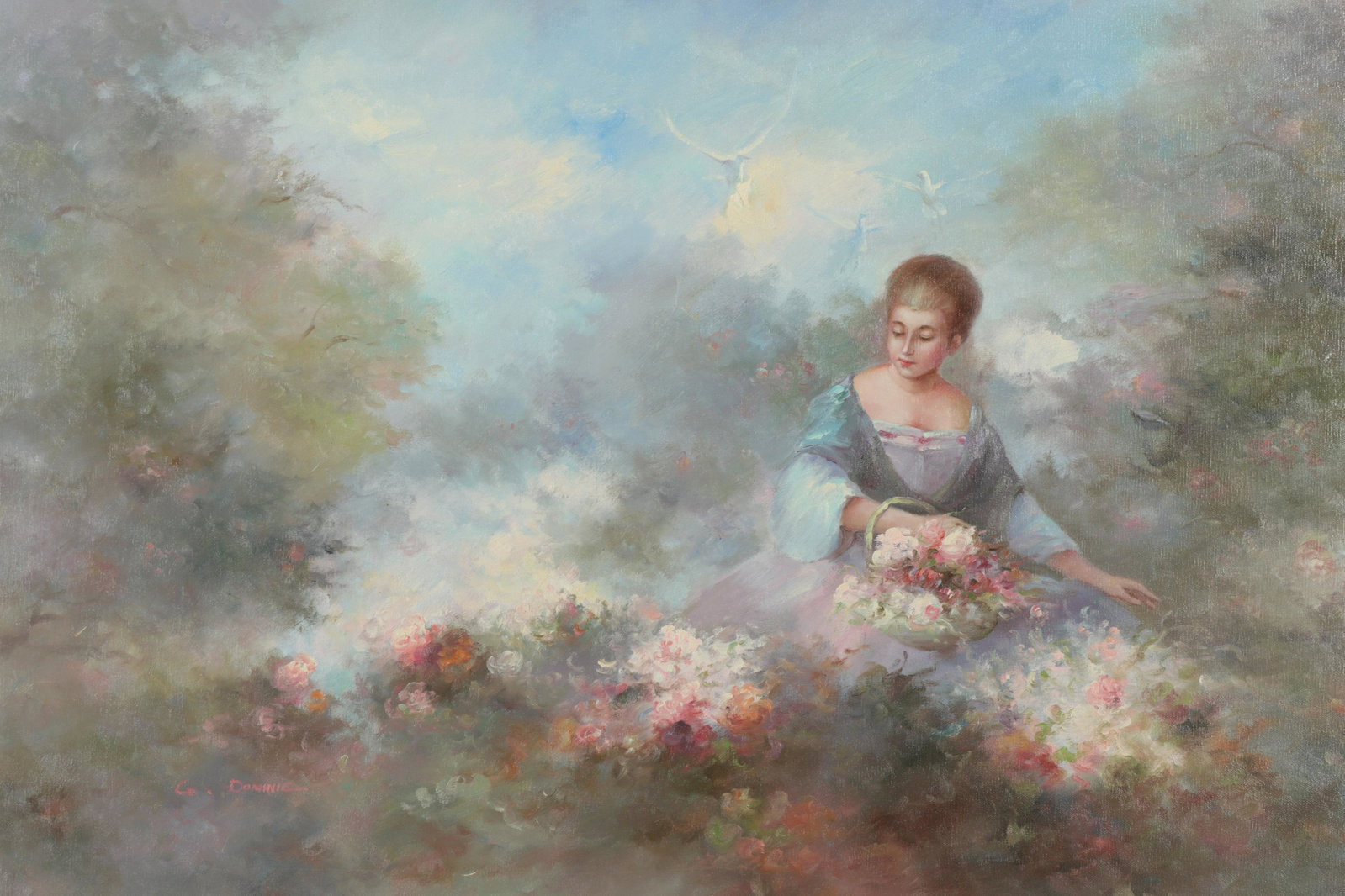 Dominic after Fragonard - Woman Picking Flowers: G. Dominic after Fragonard, "Young Woman Picking Flowers", Oil on Canvas, signed Property from the estate collection of lifelong gallery owners, Essex County, New Jersey. Dimensions: Stretched 24" x 3