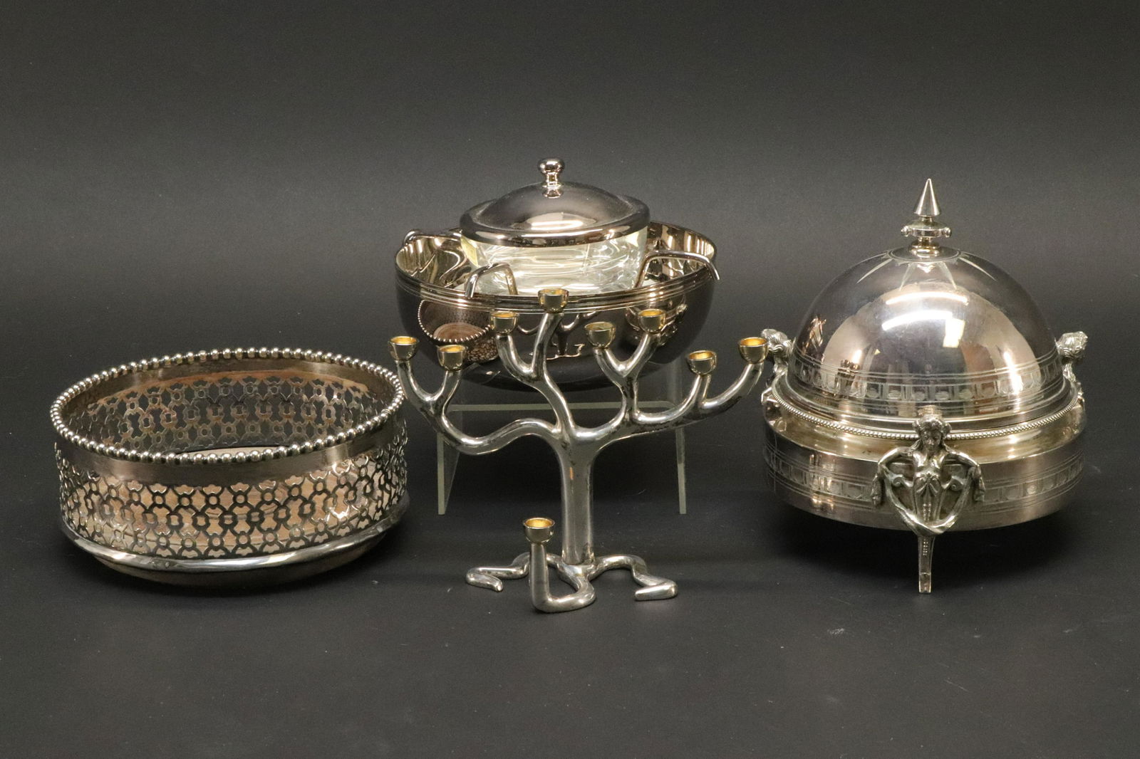 Gorham & Christofle Silverplate Group: 4 Pieces of Silverplate, including Gorham covered butter dish with maiden figural legs, tree of life menorah by Sandra Karvitz for Rosenthal, Christofle hors d'oeuvres dish, and Victorian wine coaster