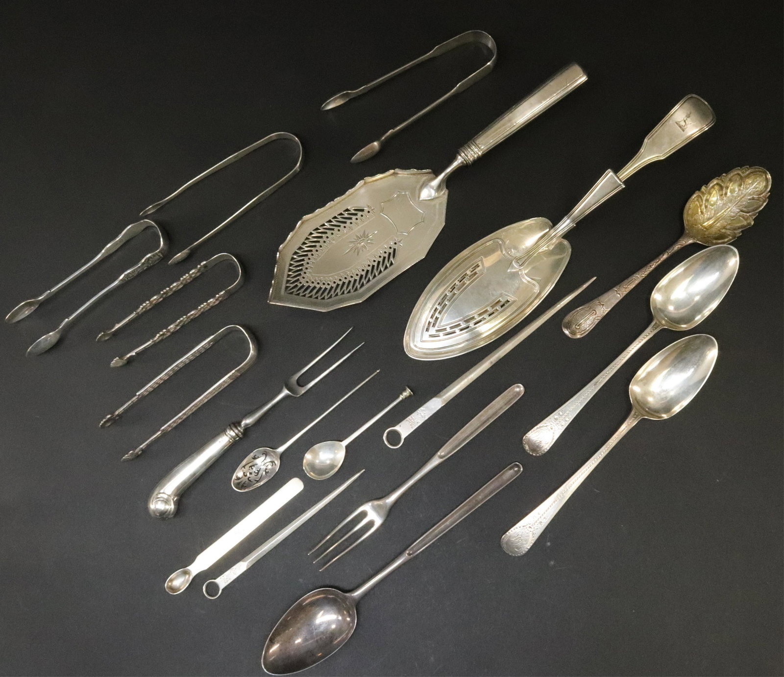 Georgian & English Silver Wares - Bateman, 18th C: Group of English, Mostly Georgian, Silver Flat and Table Wares, includes Queen Anne marrow scoop/fork, London 1705, Britannia Standard with double crown armorial and monogram, marks rubbed; Hester Bat