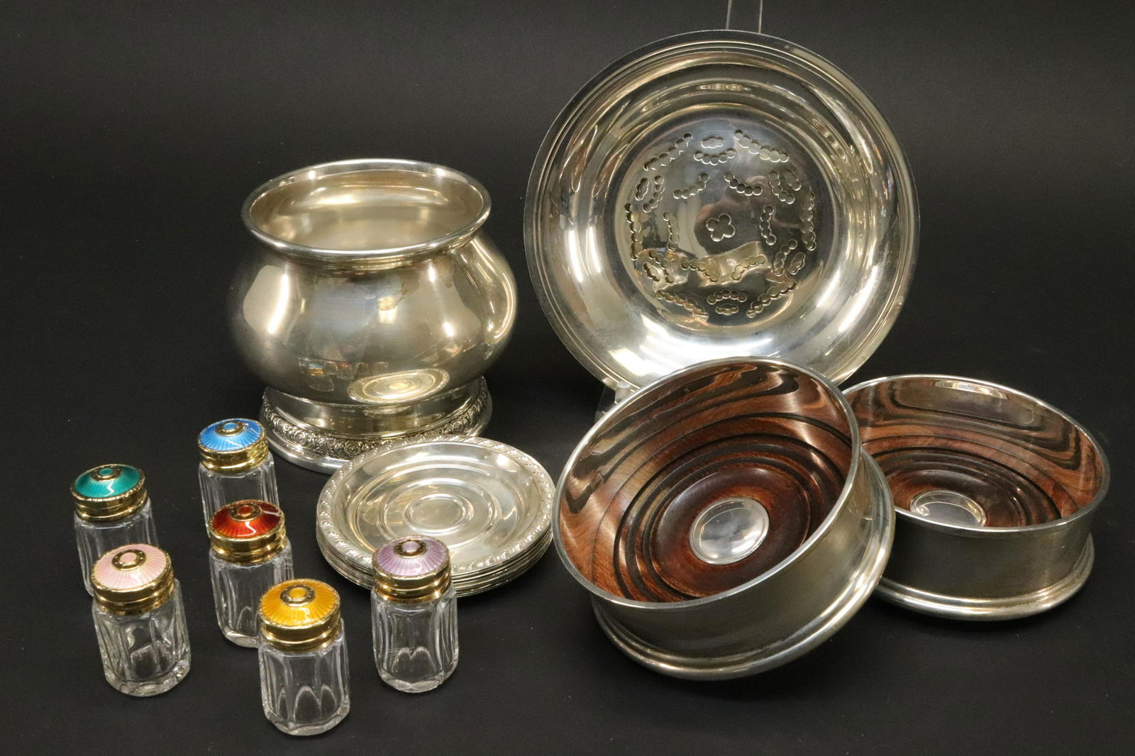 Sterling Tabletop Items, Anderson Norway: Various Sterling Silver Tabletop Articles,19th-20th C., includes David Anderson, Norway, 3 pairs of Sterling and Guilloche salt and pepper shakers,12 William Rogers butter pats, 2 M.C. Hersey & Son wo