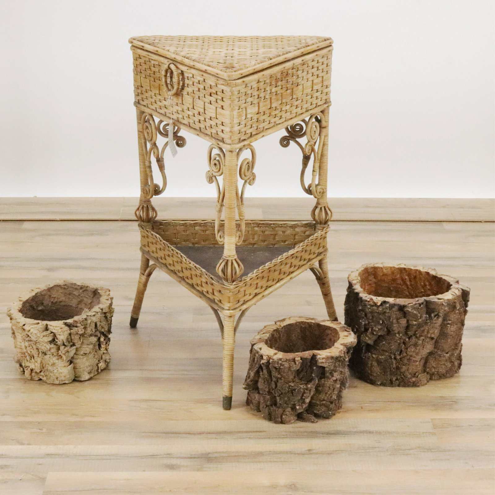 Woven Grass Work Stand & 3 Bark Jardinieres: Woven Grass Work Stand & 3 Bark Jardinieres Dimensions: Table 28" H x 18" W Property from a lifetime collector, Old Lyme, CT (PTYT504/4)(MS)
