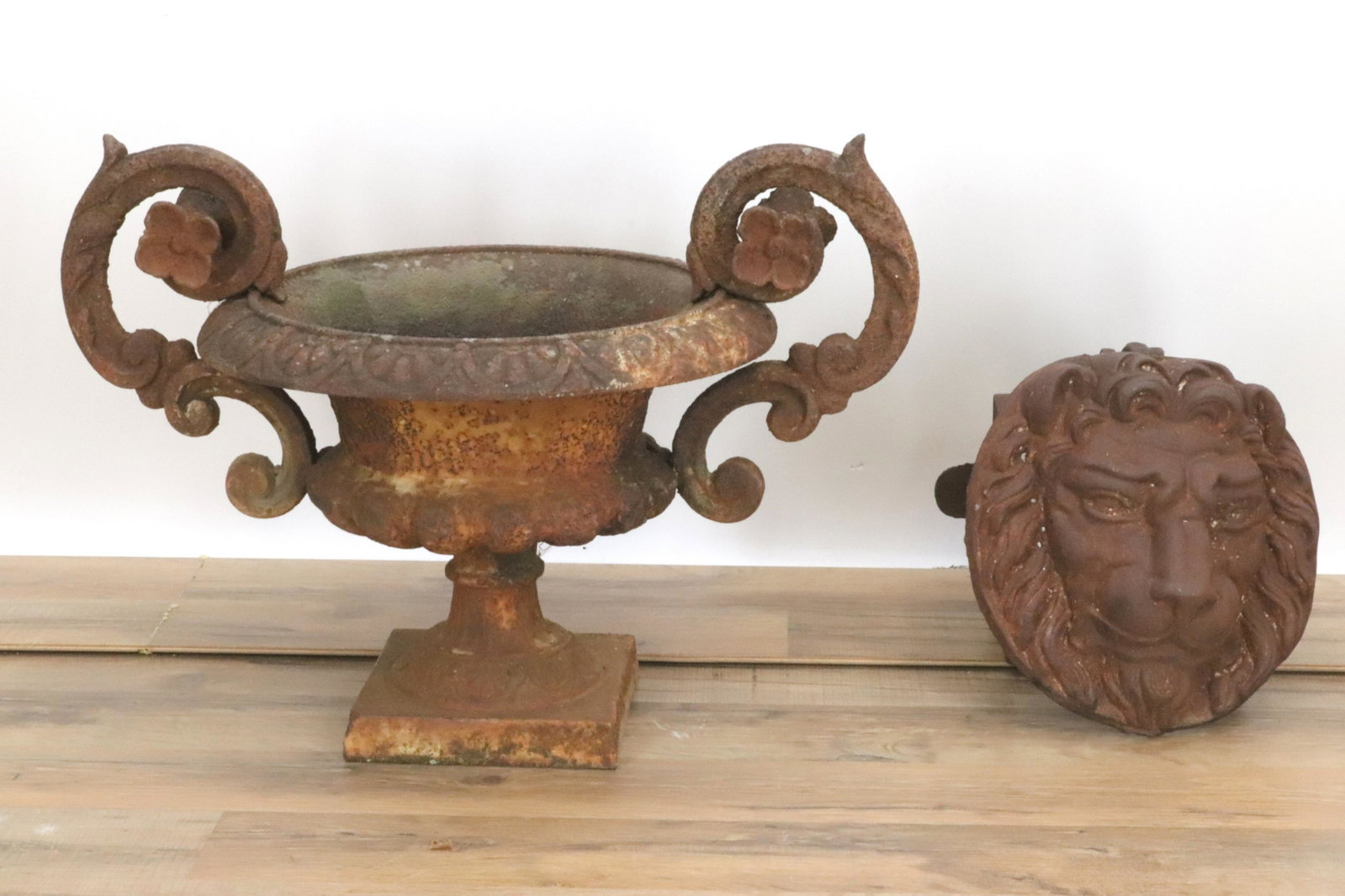 Small Cast Iron Urn & Lion's Mask: Small Cast Iron Urn & Lion's Mask Dimensions: Property from a lifetime collector, Old Lyme, CT (PTYT499/2)(MS)