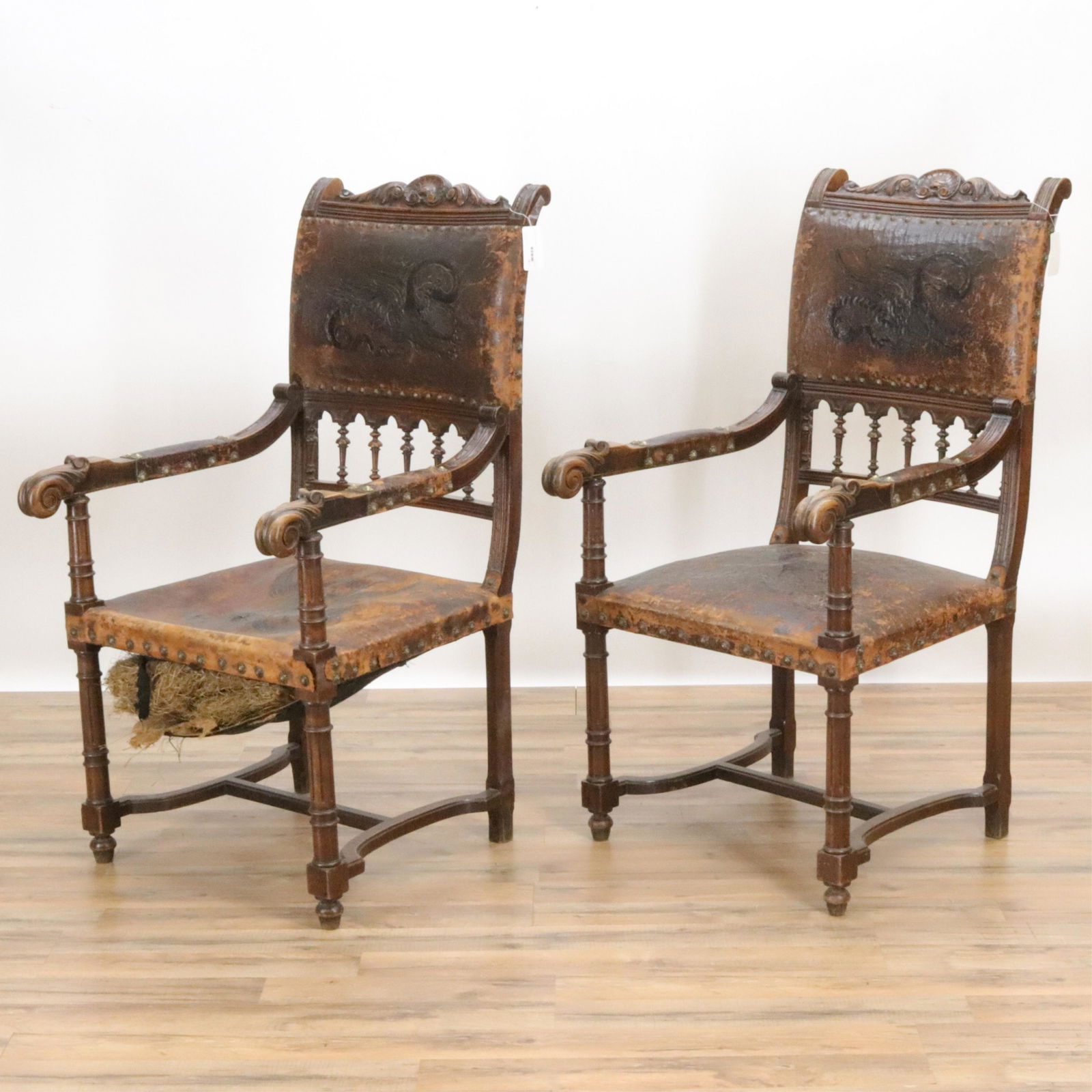 Two Gothic Revival Carved and Leather Armchairs (1 of 9)