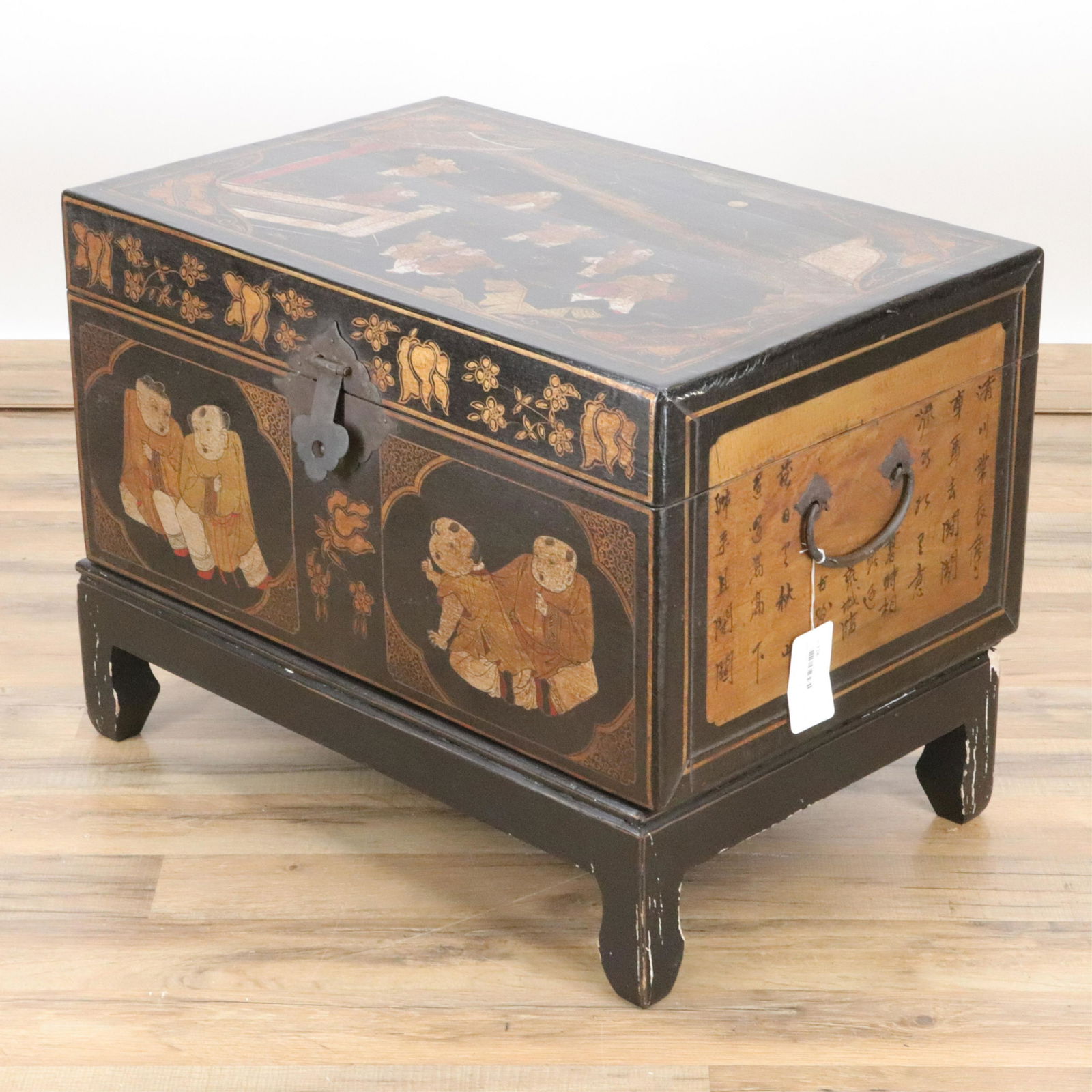 Chinese Gilt & Black Leather Chest on Stand (1 of 4)
