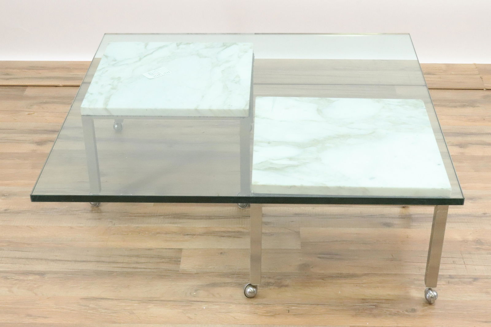 Pair Modern Low Slung Chrome And Marble Top Tables (1 of 5)