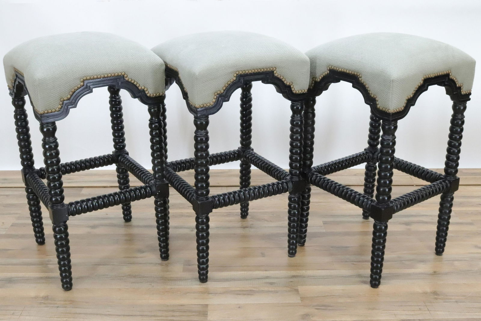 Set of 3 Black Lacquer Bobbin Turned Bar Stools (1 of 5)