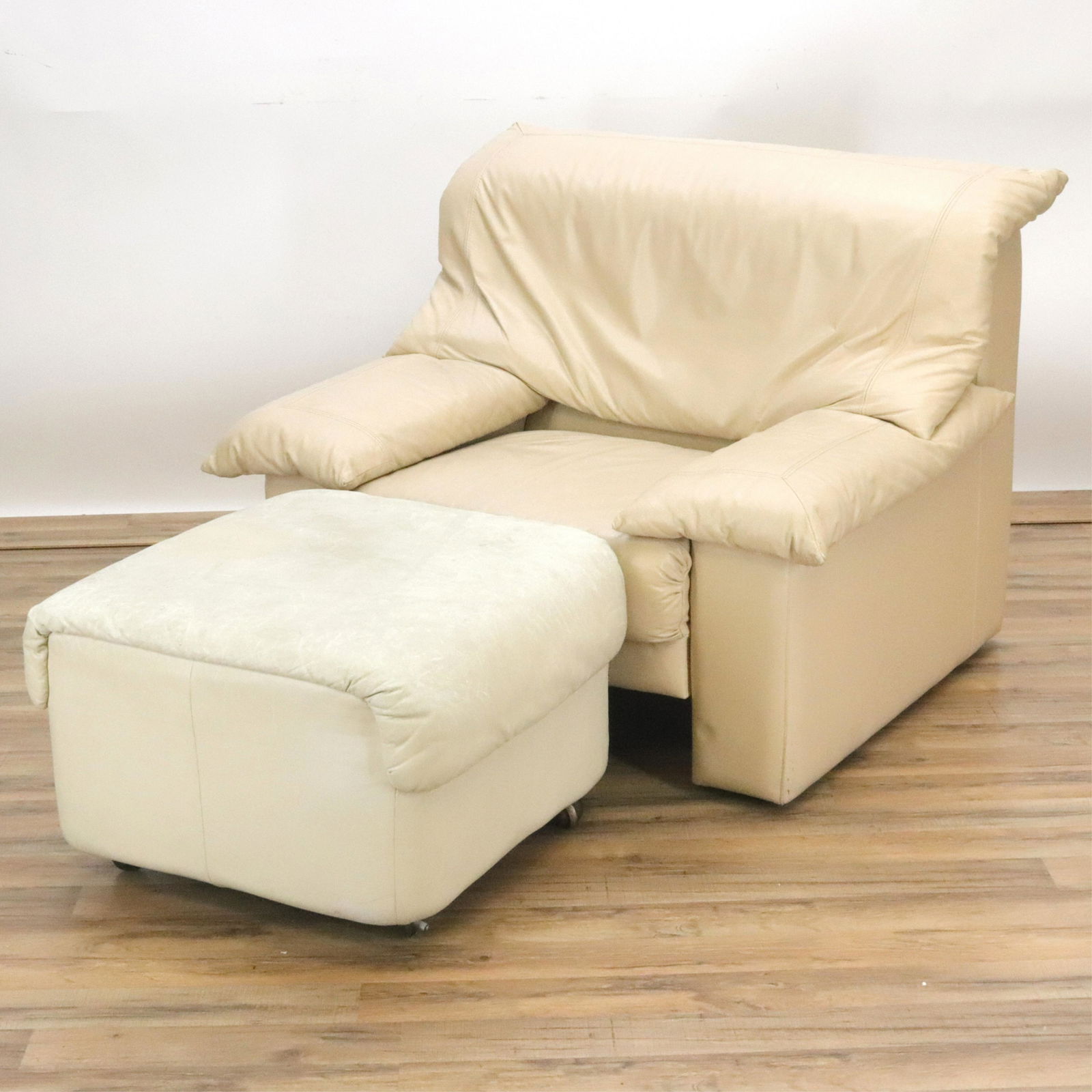 1980's Cream Leather Armchair & Ottoman (1 of 6)