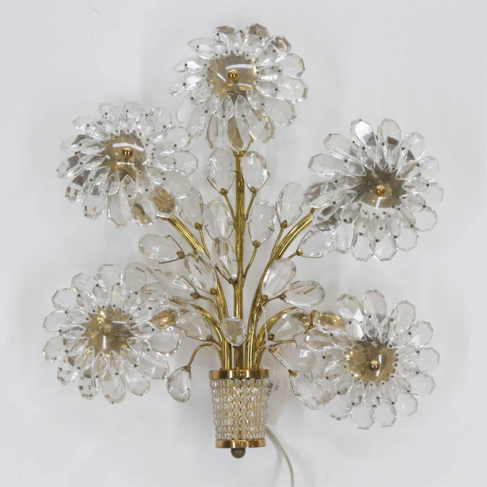 Brass & Faceted Crystal Flower-Form Sconce: Mid Century Brass & Faceted Crystal Flower-Form 5-Light Sconce Dimensions: 18" H x 16 3/4" W Property from the Estate of an Important New York Modernism Dealer. (NJWA316)(MS)