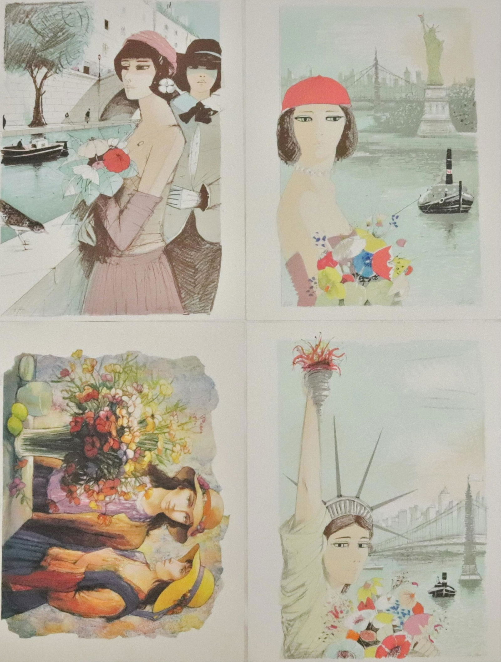 Charles Levier - Artists Proofs: Charles Levier (French, 1920-2003) 3 Artists Proofs, two Manhattan scenes and one Parisian along with an associated color lithograph numbered and signed with indescript signature, all pencil signed Di