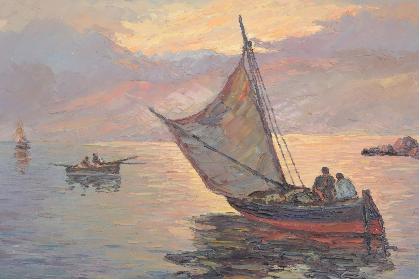 Giordani - Ships at Sunset: Ships at sunset, oil on canvas, signed lower right Giordani. 20th century. Titled verso. Dimensions: 24 x 36 unstretched Property from a fifth generation gallery, NYC (HEAR149)(EL)