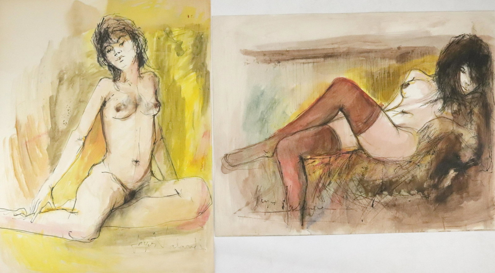 Jacques Lalande - Nudes (2): Jacques Lalande (France b 1921). Nude Ballerina in Yellows; Pastel, Gousche & Ink on Paper; signed lower right. Reclining Nude Brown Stockings; Gousche, Pastel & Ink on Paper, signed lower left. Dimen