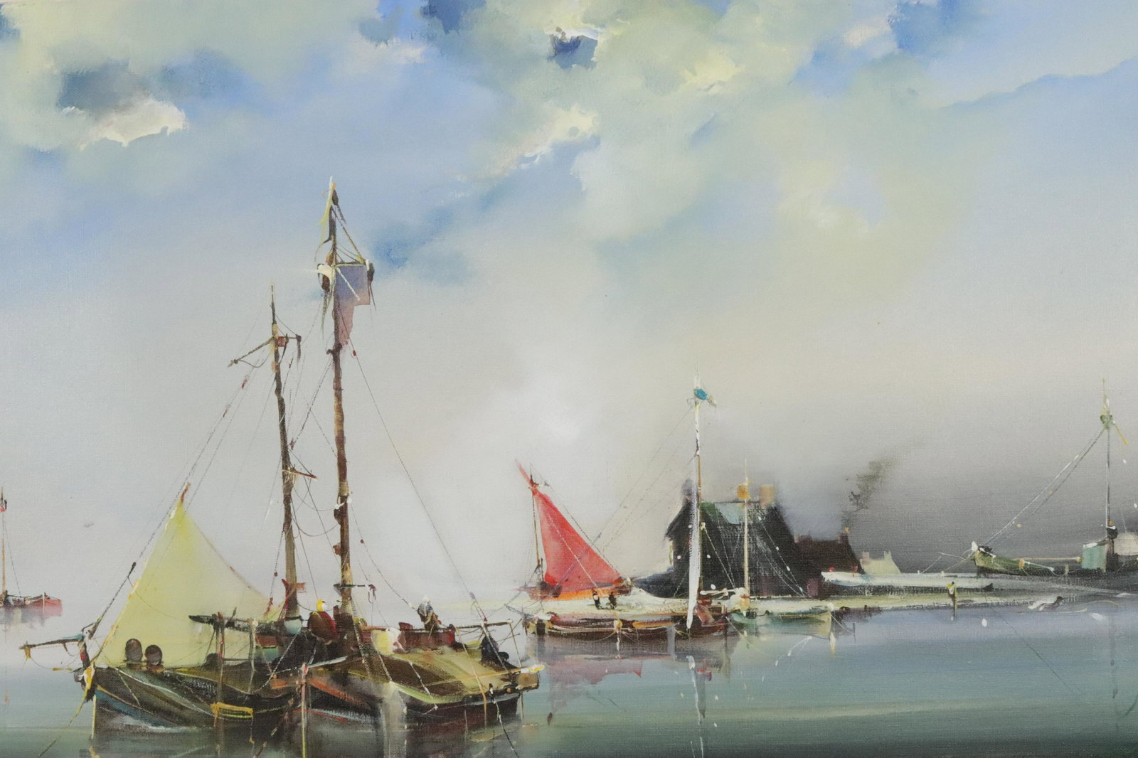 Jorge Aguilar Agon - The Red Sail: Jorge Aguilar Agon (Spanish b 1936) The Red Sail, oil on canvas, signed Annagon [pen name] lower right. Dimensions: 24 x 36 unstretched Property from a fifth generation gallery, NYC (HEAR391)(EL)