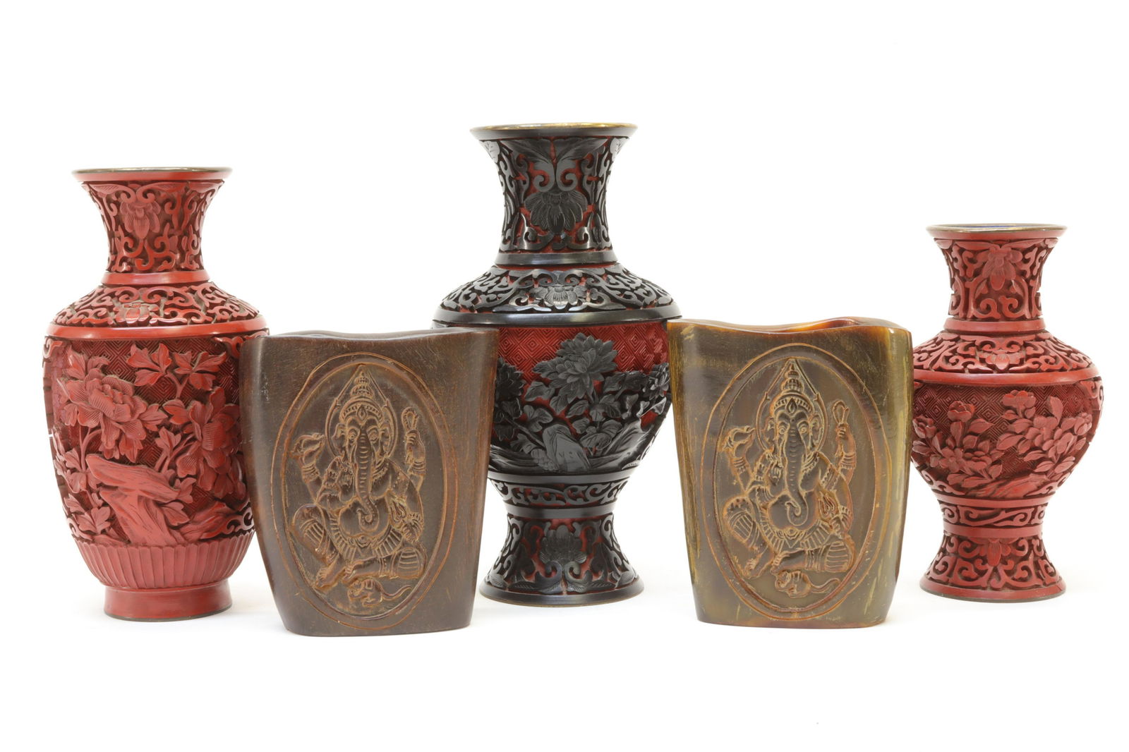 Three Carved Cinnabar Vases and Two Ox Horn Cups (1 of 11)
