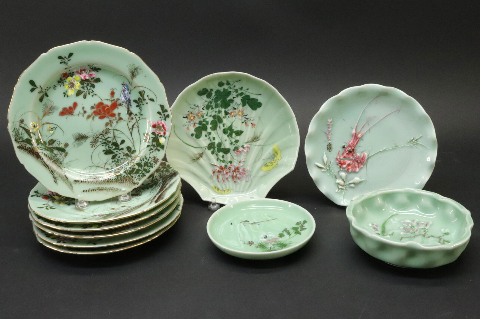 Six Kato Shubei II Celadon Bird and Flower Plates (1 of 7)