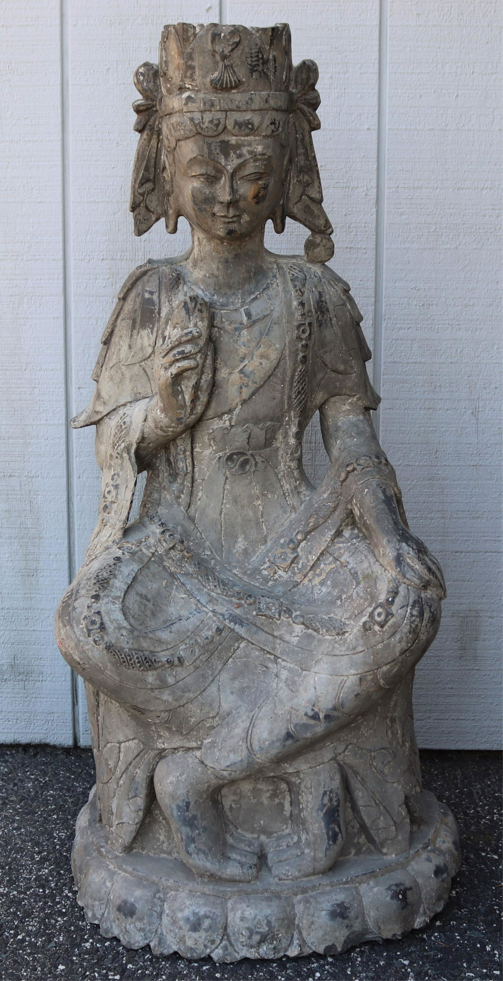 Impressive Northern Wei Style Stone Bodhisattva: Well carved with fine detail from grey stone, seated and garbed in the Northern Wei style. Very nice applied patina.NOTE: This lot is being reoffered due to nonpaying bidder Brian McClain (Gudong Dong