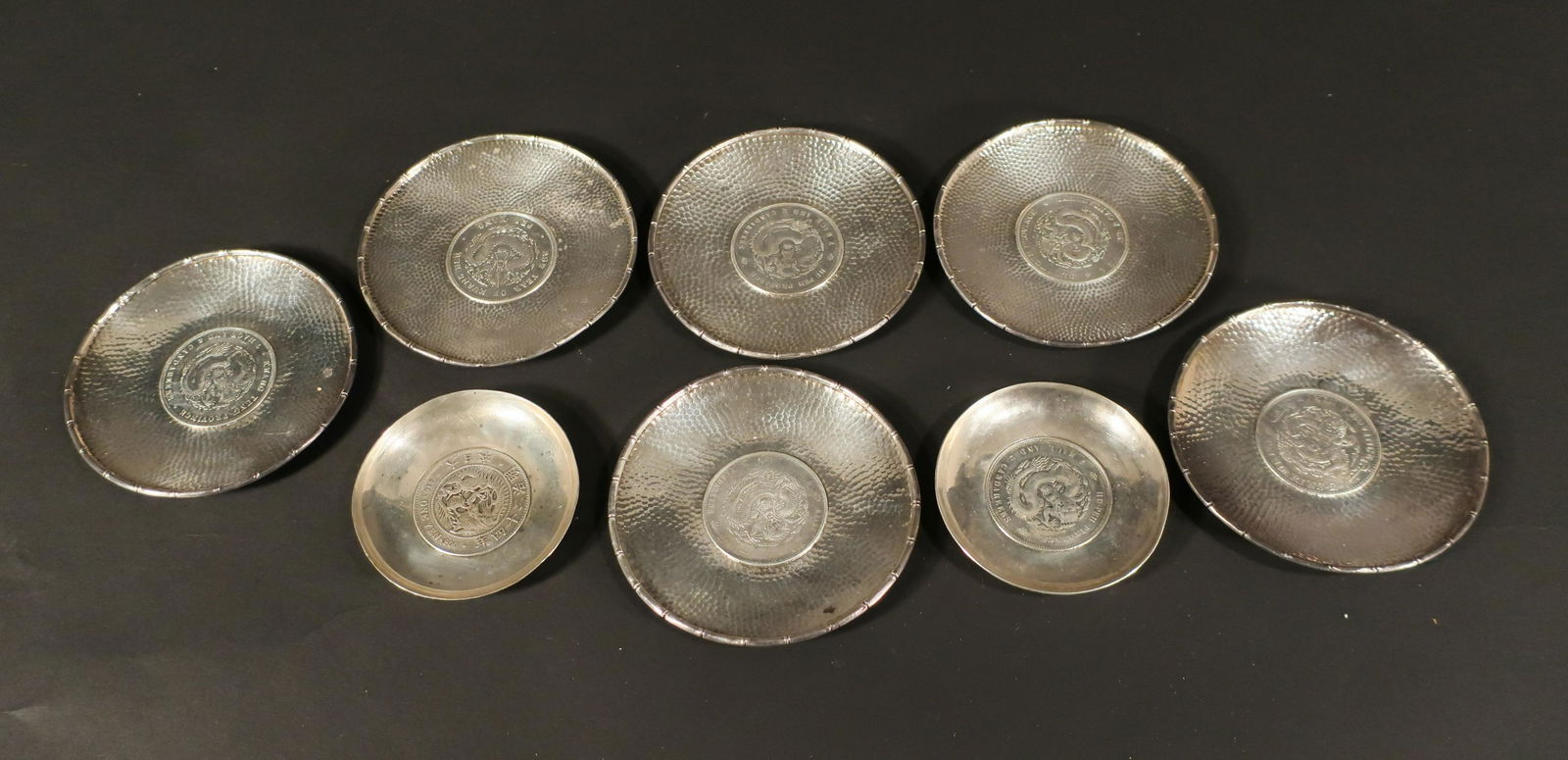8 Small Silver Chinese Dragon Dollar Coin Dishes (1 of 11)
