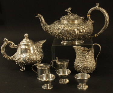 20th C. Silver Pieces, Teapot, S. Kirk and Sons: Group of 20th C. Silver Tabletop pieces, includes 3 salt cellars and 2 condiment holders by Charles & Richard Comyns ,William Comyns & Sons Ltd ,London and a S. Kirk and Sons coin silver repousse teap