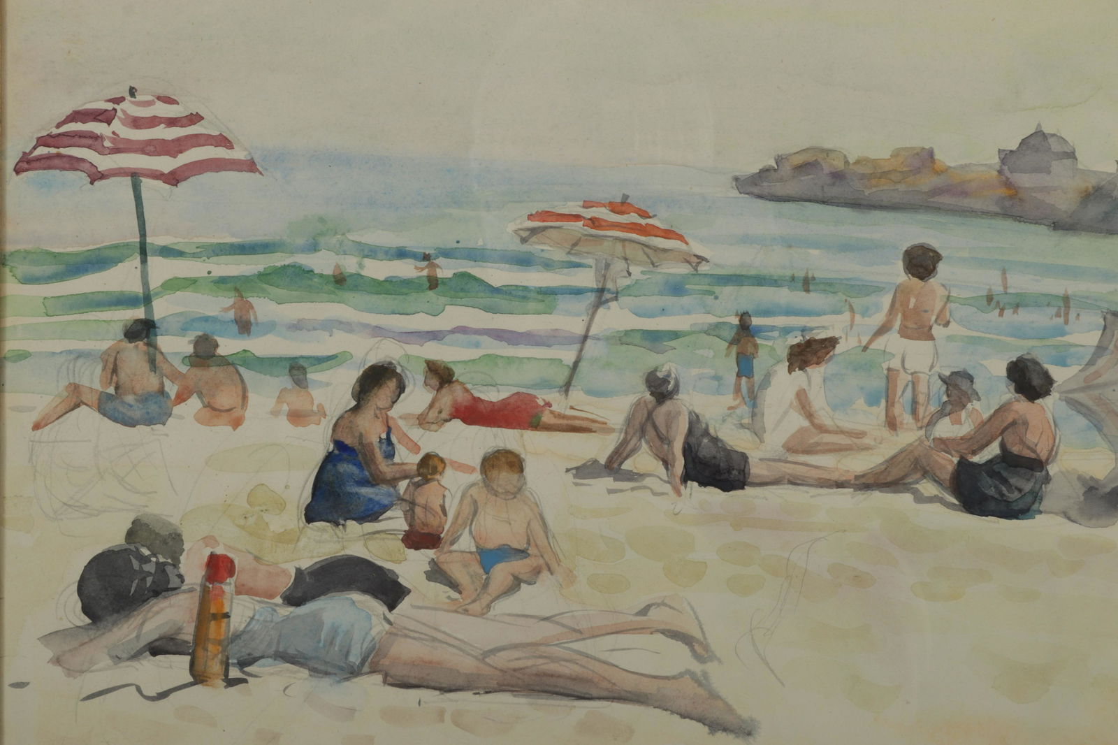 Joseph Margulies - Beach Goers: Joseph Margulies (American, 1896 - 1984). Beach goers, watercolor and graphite on paper. Signed in ink lower right. Dimensions: 13.25 x 16 Framed 21.5 x 24" Property from a private Manhattan collectio