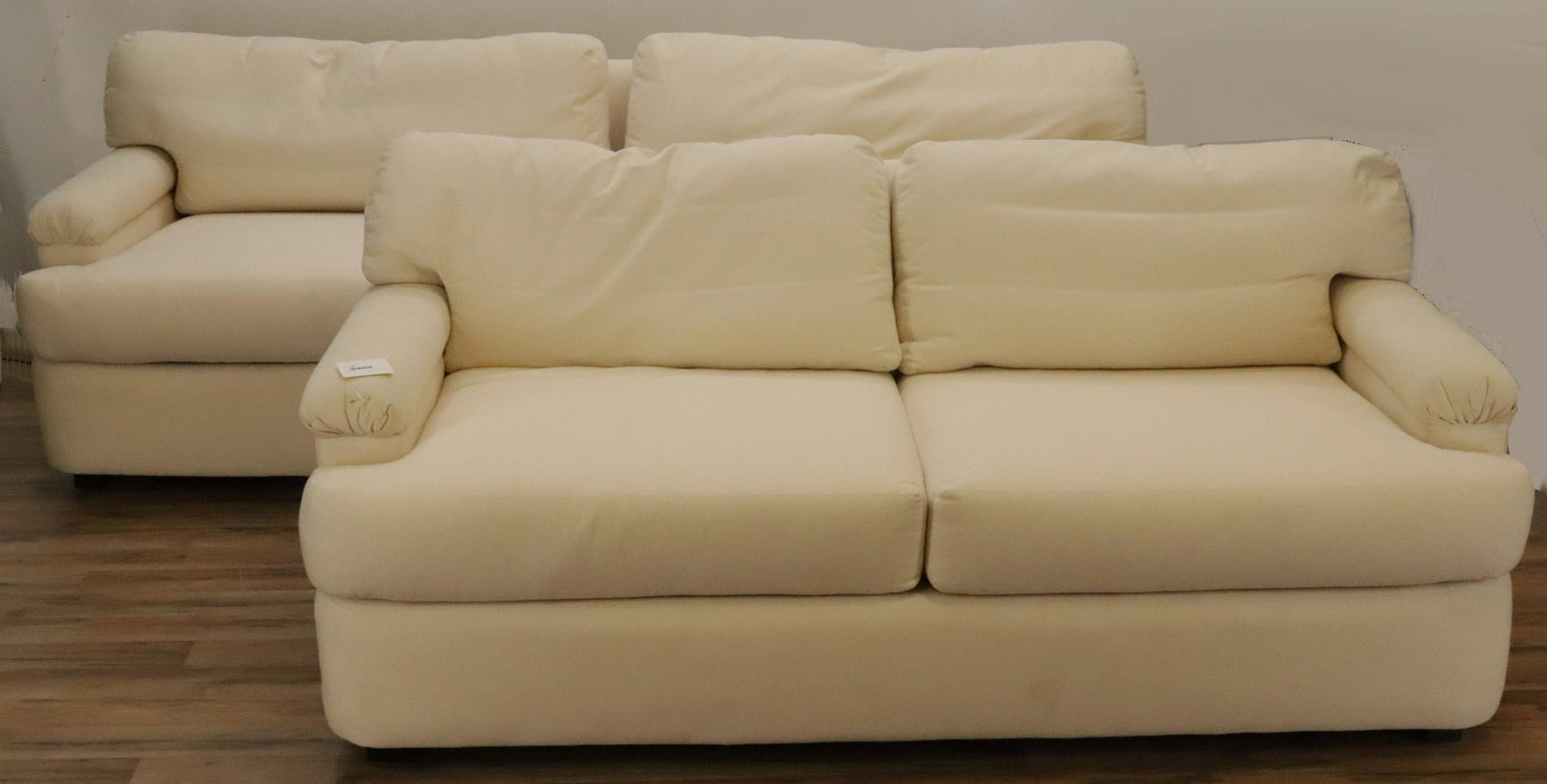 Swaim Upholstered Love Seats & Sofa: Swaim Upholstered Love Seats & Sofa, upholstered in ivory Dimensions: Loveseat 28" H x 68" W x 36" D, Sofa 28" H x 86" W x 36" D Property from a successful Sotheby's realtor, Apline, NJ (MLEN133/2)(MS