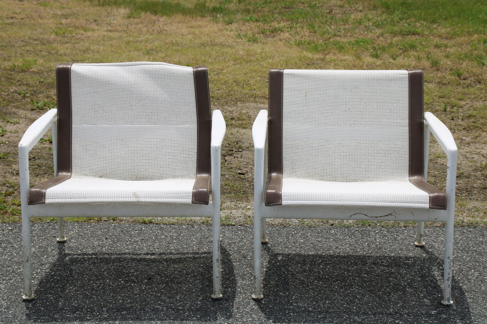 Pair of Richard Schultz 1966 Lounge Chairs: Richard Schultz for Knoll 1966 lounge chairs, pair USA, 1966/c. 1995 ,enameled aluminum, nylon, leather Dimensions: 26 w x 28 d x 26.25 h inches Property from the estate of a former Vice President of