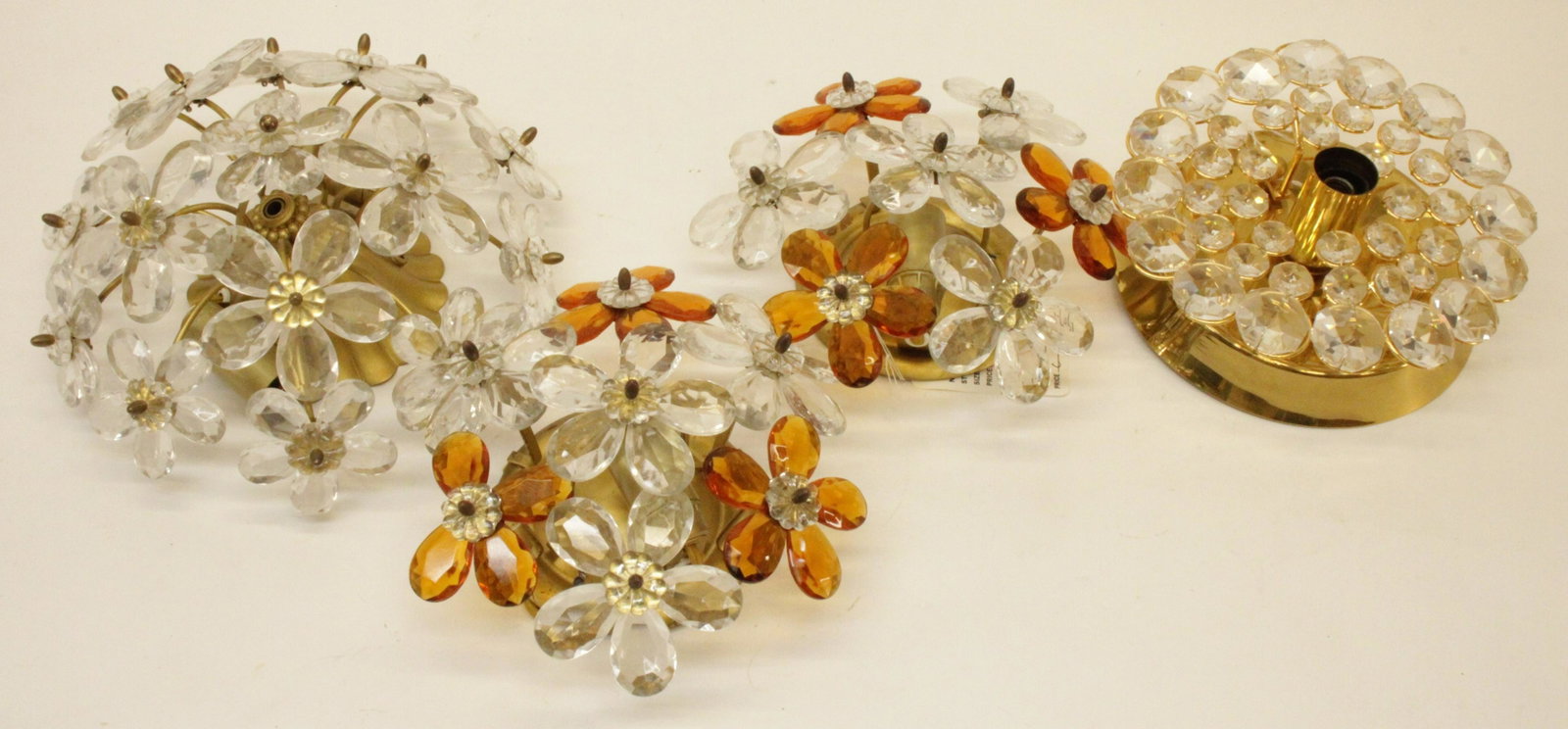 Pair 70's Amber & Clear Glass Sconces +2: Pair 70's Amber & Clear Glass Sconces, with 2 similar sconces Dimensions: Pair 9" Dia. Property from the Estate of an Important New York Modernism Dealer (NJWA502/4)(MS)