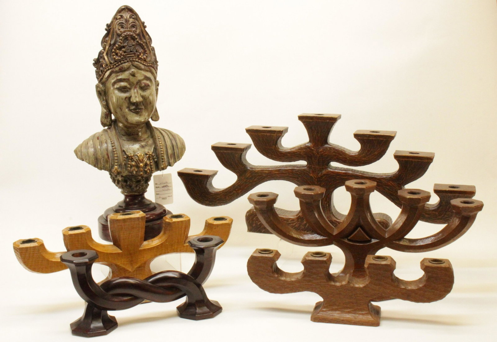 5 Haitian Candelabra & Asian Carved Bust: 5 Haitian Candelabra & Asian Carved Bust Dimensions: Bust 19 1/2" H Property from the Estate of an Important New York Modernism Dealer (NJWA493/6)(MS)
