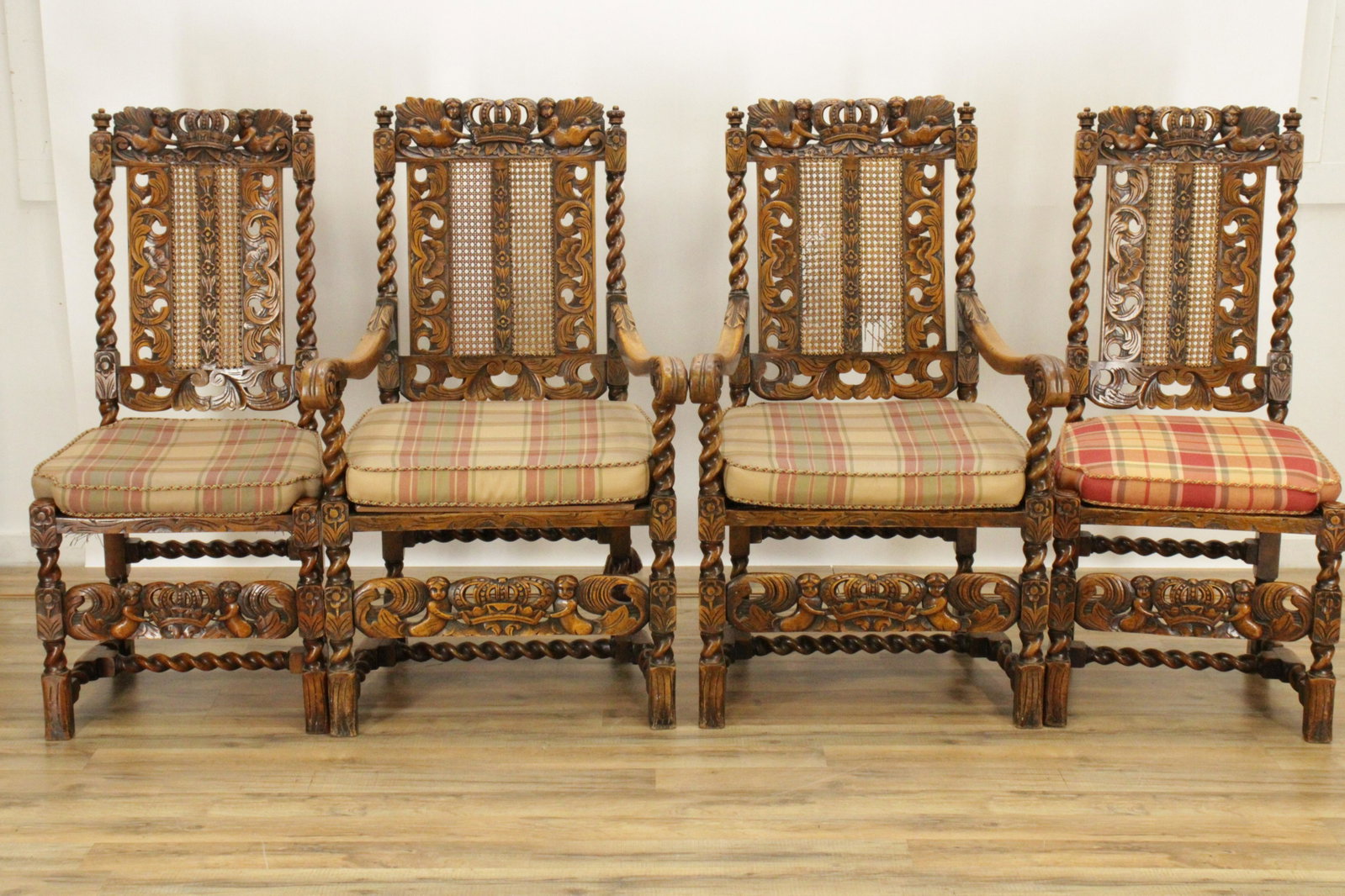 4 Charles II Style Walnut Dining Chairs, c 1900: Set of 4 Charles II Style Walnut Dining Chairs, circa 1900, 2 arms and 2 sides Dimensions: Arms 44" H x 28" W x 26" D, Sides 43" H x 20" W x 20" D Property from the Private Collection of Steven Stark 