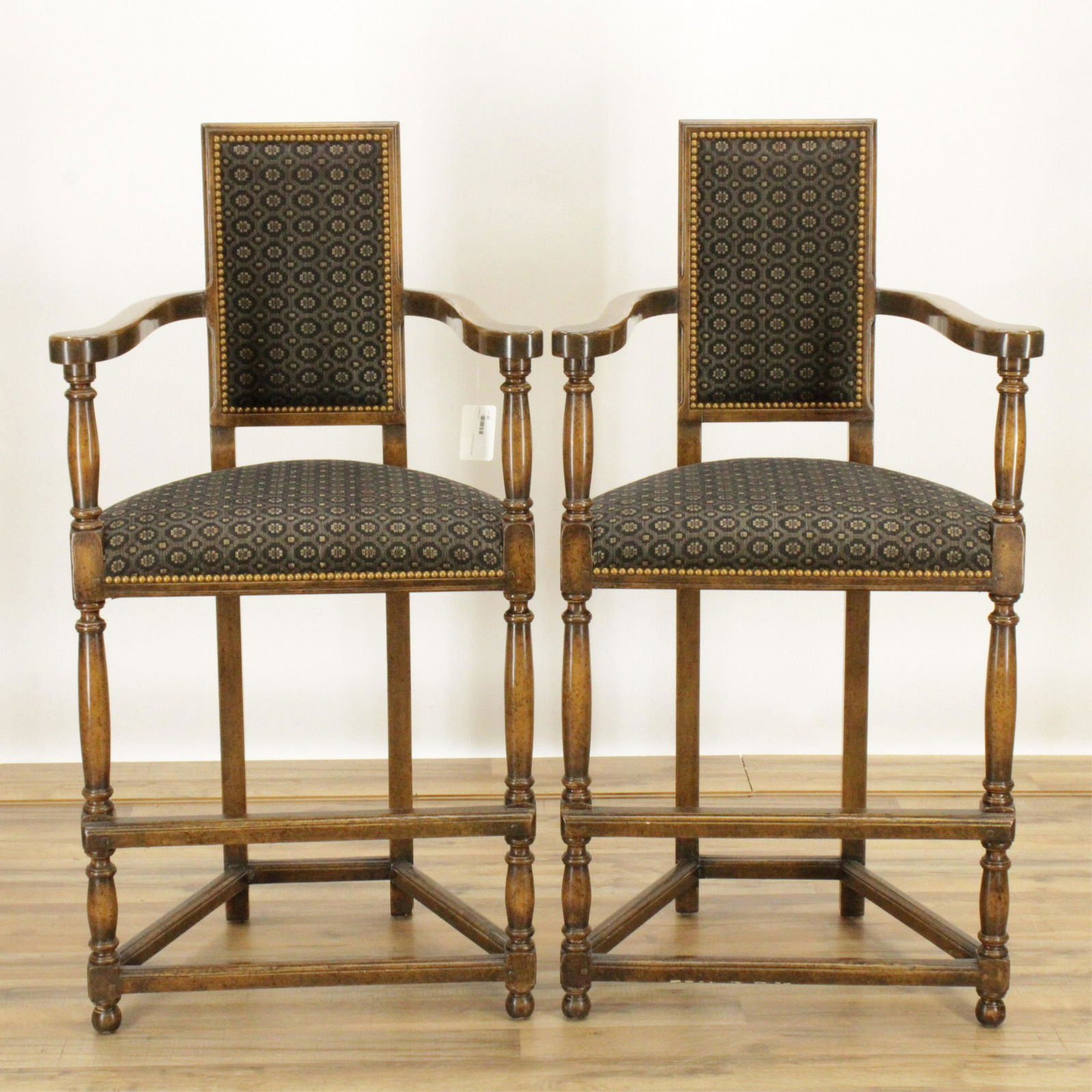 Pair Walnut Finish Triangular Bar Height Chairs (1 of 6)