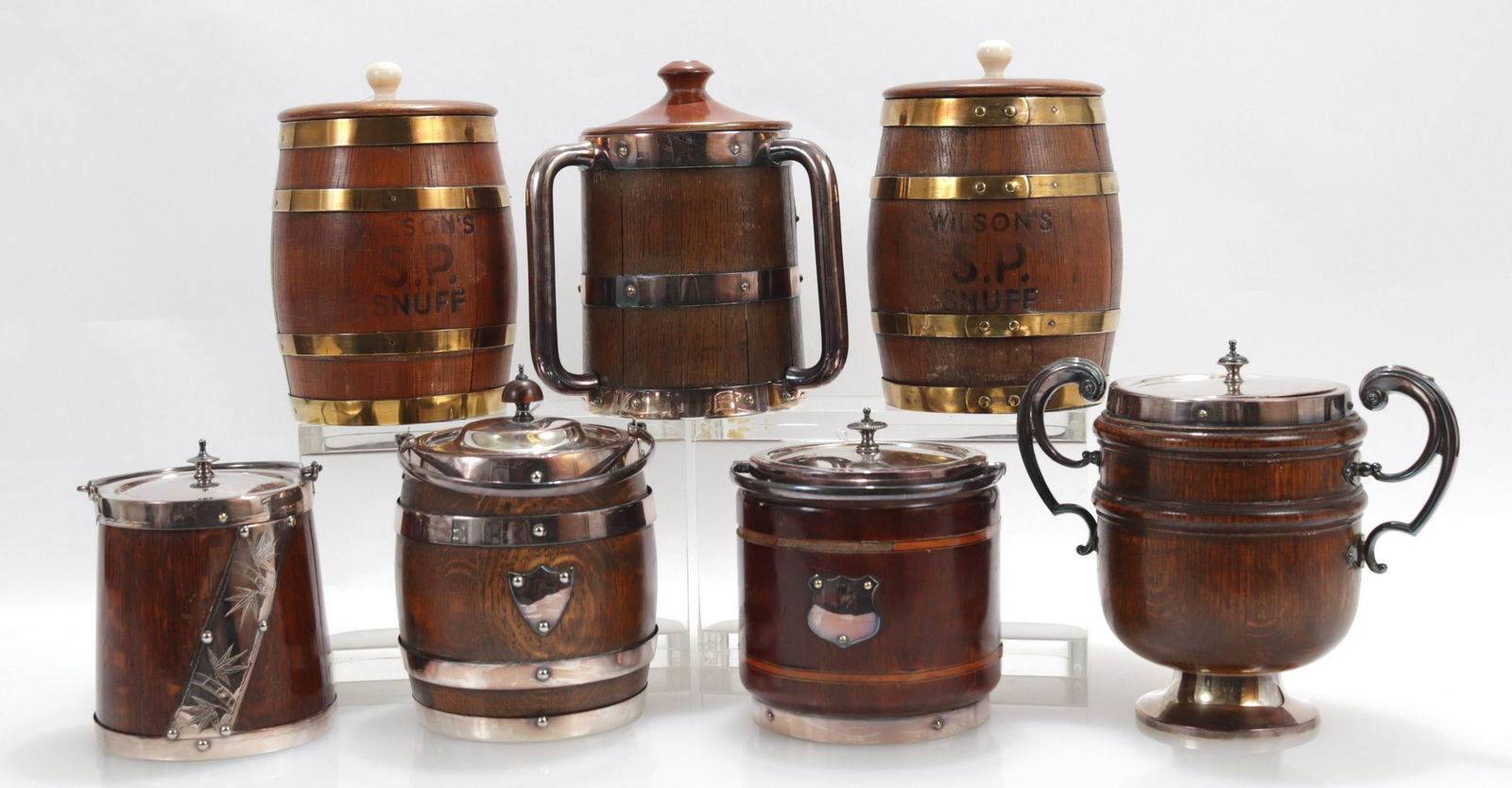 7 English Silverplate Mounted Oak Snuff Barrels (1 of 5)