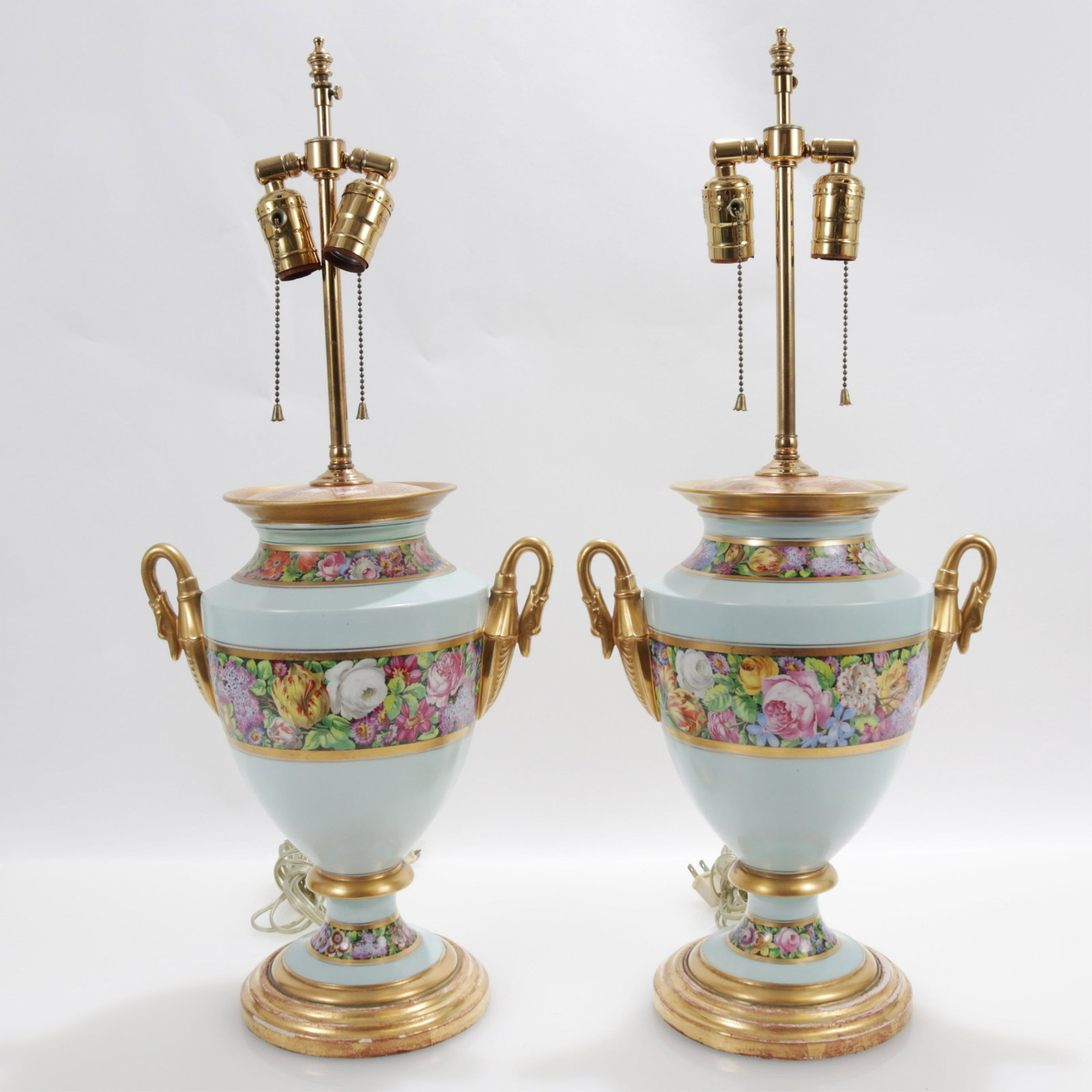 Pair of English Porcelain Vases as Lamps, 19th C.: Pair English Porcelain Vases as Lamps, 19th C., gilt swan's neck handles and floral banding Dimensions: Vases 13 1/2" H x 11 1/2" W, Overall 27" H Property from the Private Collection of Steven Stark 