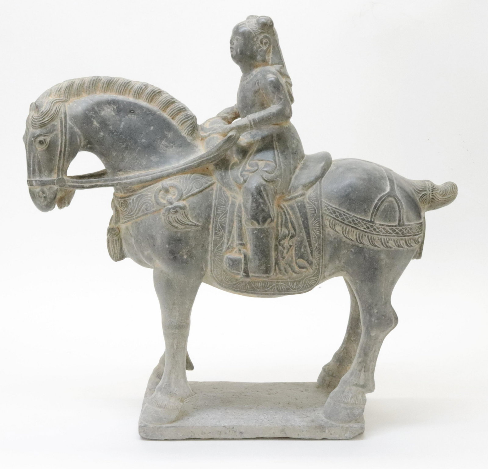 Asian Large Stone Horse & Rider: Asian Large Stone Horse & Rider Dimensions: 20 1/2" H x 21" L Property from the Private Collection of Steven Stark (ALPI143)(WT)