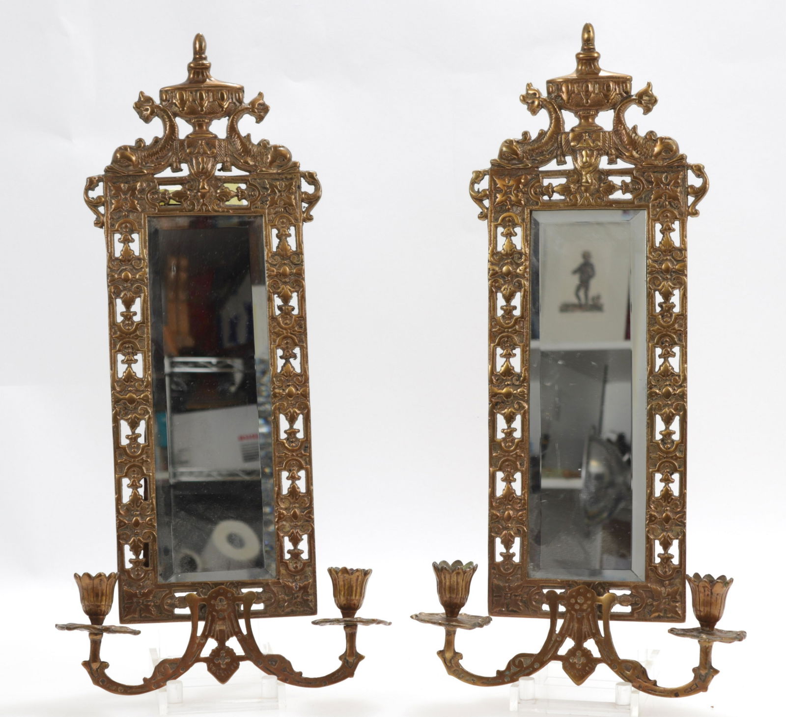 Pair Brass Regency Style Mirrored Wall Sconces 20C (1 of 10)