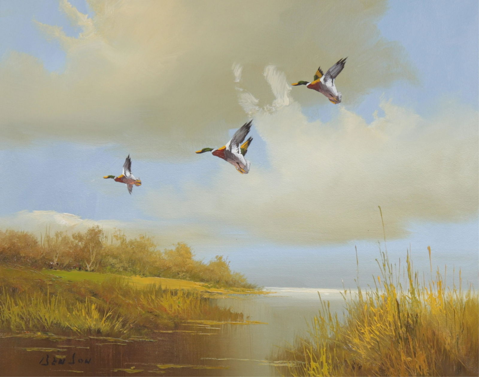 Mallards In Flight O/B Signed Benson: Signed LL. Possibly Joseph Benson or Benson Bond Moore. Similarities of style, subject to Frank W. Benson. Dimensions: Sight 15.5" x 19.5 Framed 24.5 x 28.5 (RPSA486)(JP)