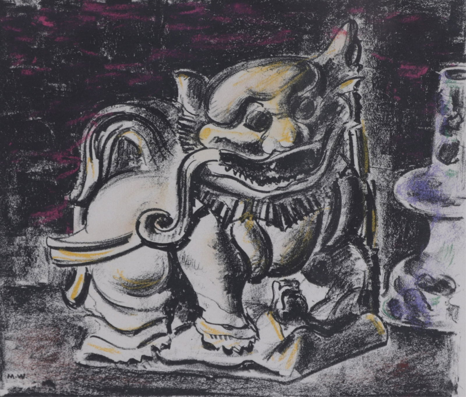 Max Weber, Chinese Lion, lithograph: Max Weber, Am.,1881-1961, Chinese Lion, 1932, lithograph, pencil signed lower right Dimensions: sight 7 1/2 x 8 1/2, framed 17 x 17 1/2 (SCOP99)(MM)