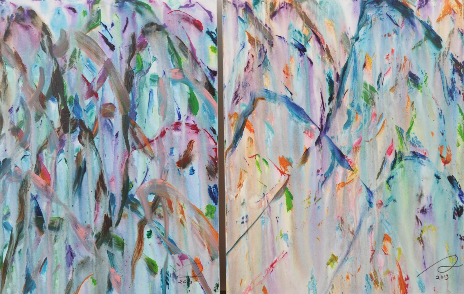 Stanley Lindwasser - Pair of Vertical Abstracts: Stanley Lindwasser (American, 1947 - 2020). Pair of Abstracts, acrylic on canvas. Signed and dated lower right. Dimensions: 30 x 24" unframed Property from the artist's estate (STAN297/2)(EL)