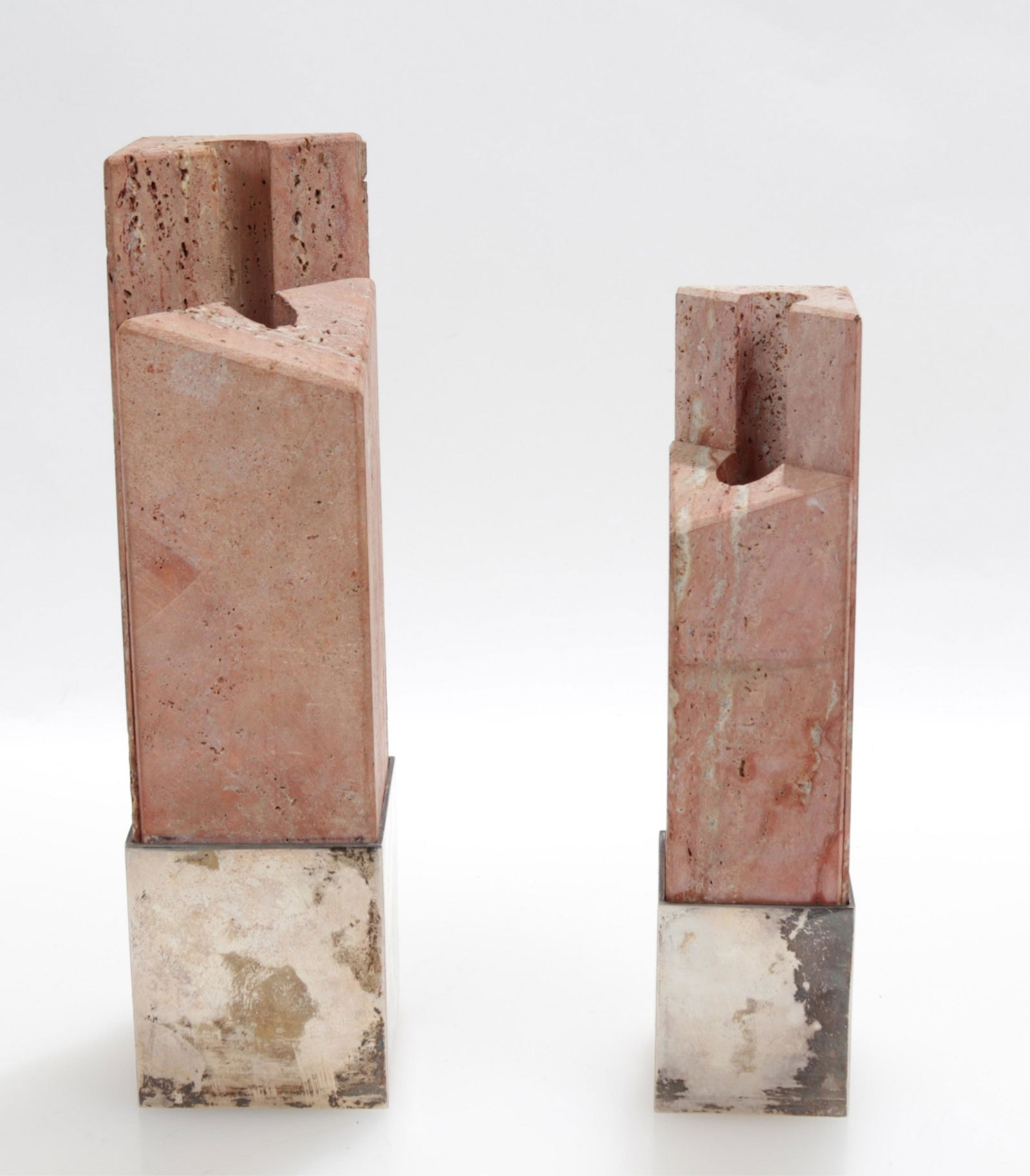 Modern Silverplate & Red Travertine Bud Vases: Modern Silverplate & Red Travertine Bud Vases by Spallanzani. Dimensions: Largest 12.5" H Property from the home of a sucessful Sotheby's Realtor, Apline, NJ (MLEN535/2)(MS)