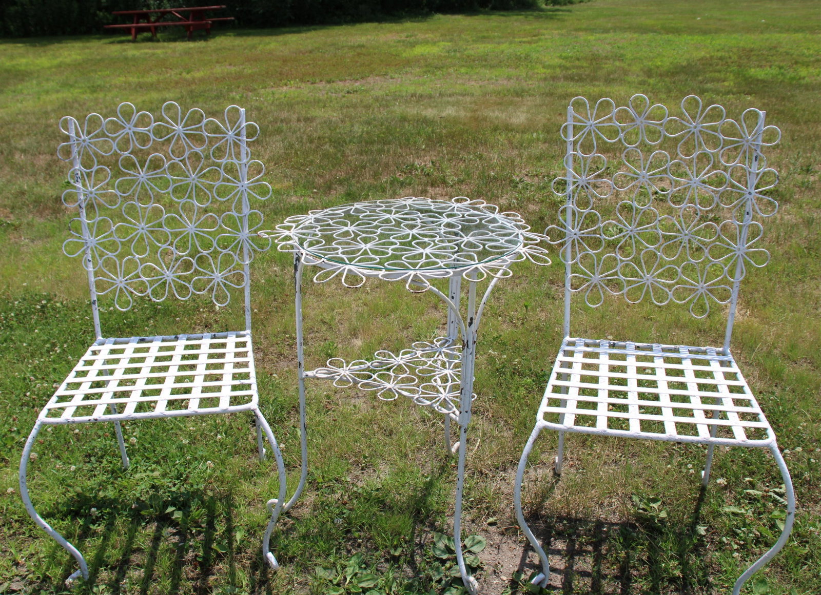 Vintage Daisy Painted Metal Chairs/Table: with seat cushion, top with removable acrylic top Dimensions: chair 39" x 21" x 22, table 29" x 25" (JOHN543/3)(MM)
