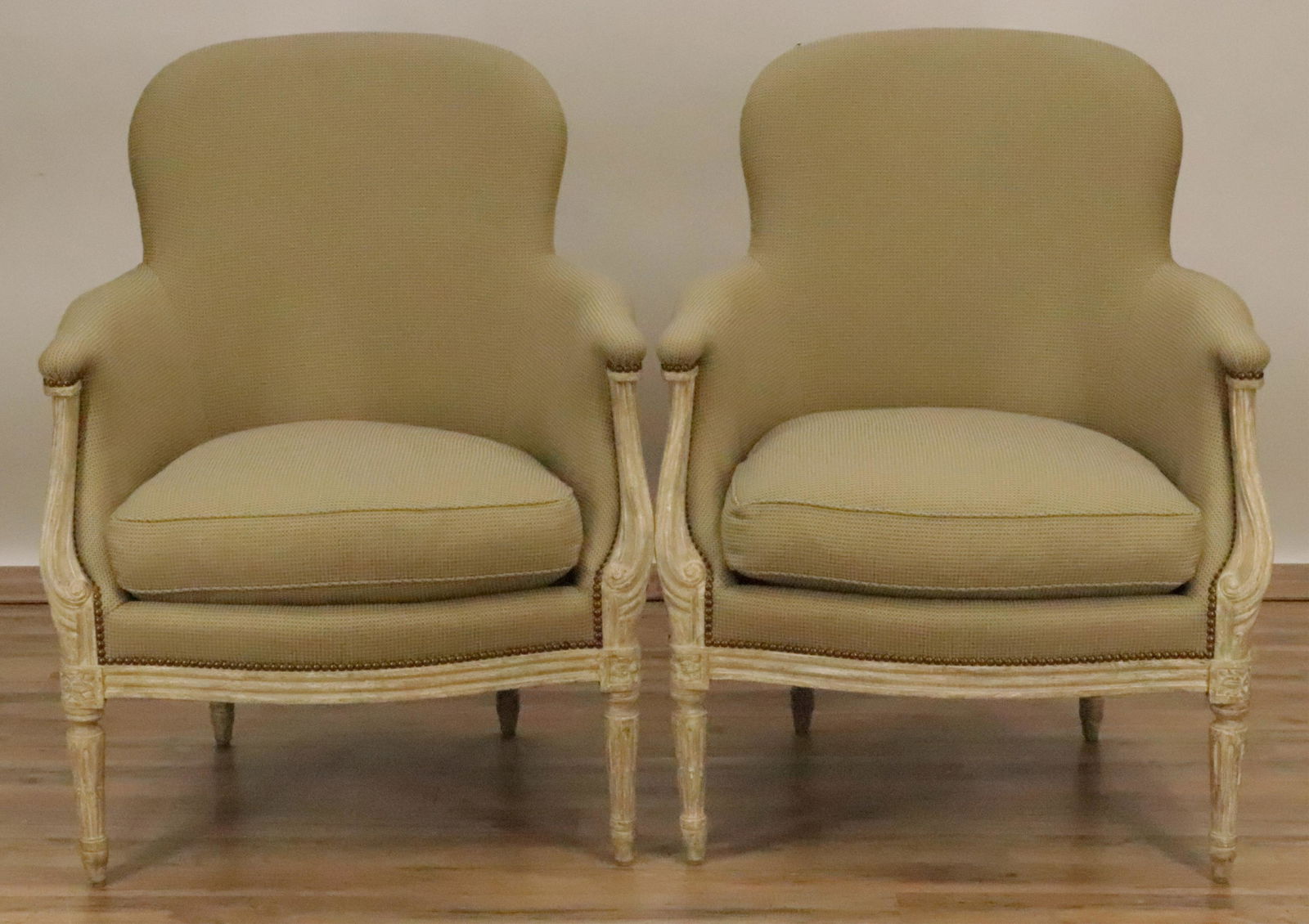 Pair Dennis & Leen White Painted Bergeres (1 of 8)